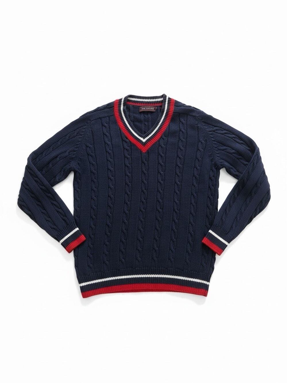 Vintage Cotton Mens Cable Knit V-neck Sweater, M, Red White Blue Preppy